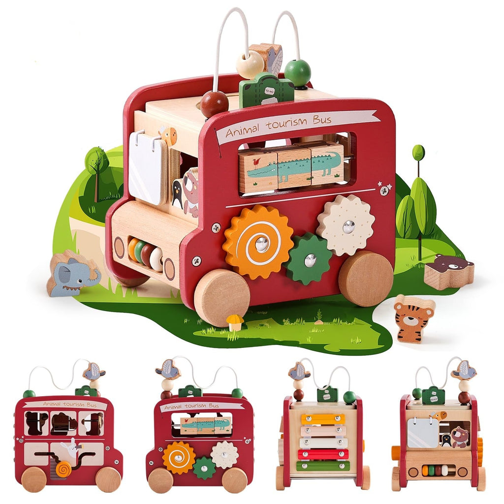Montessori 8-in-1 Busy Bus – Aktivitätswürfel aus Holz - Rot