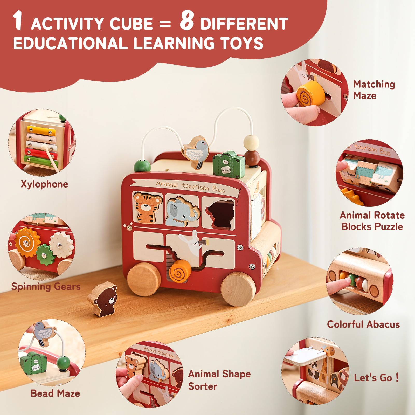 Montessori 8-in-1 Busy Bus – Aktivitätswürfel aus Holz - Rot