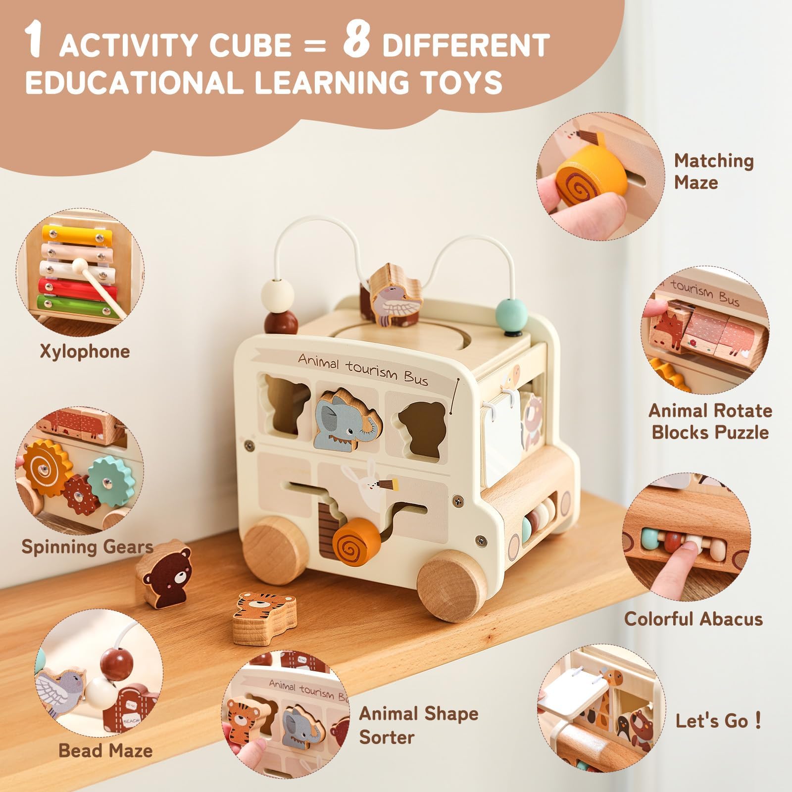 Montessori 8-in-1 Busy Bus – Aktivitätswürfel aus Holz - Beige
