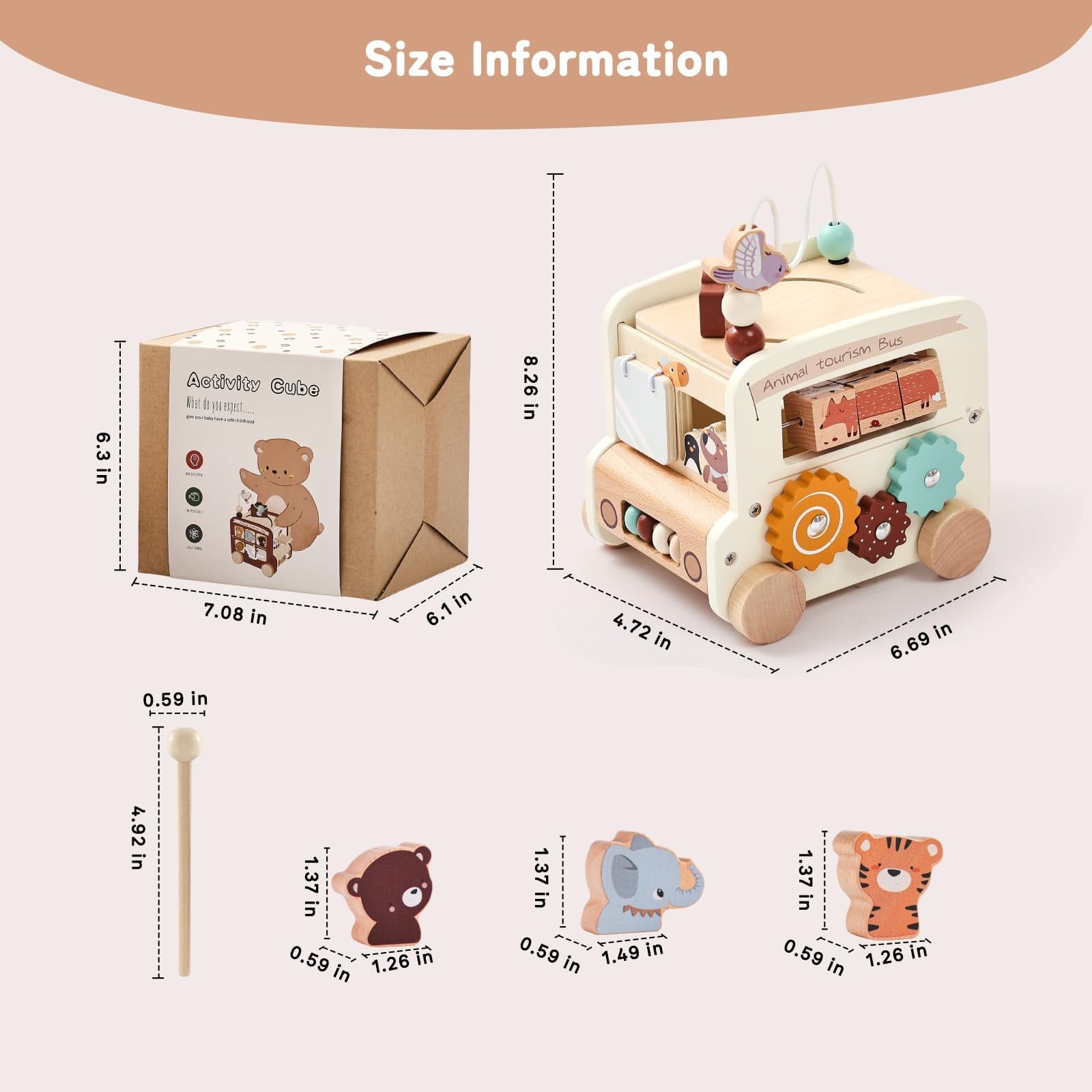 Montessori 8-in-1 Busy Bus – Aktivitätswürfel aus Holz - Beige