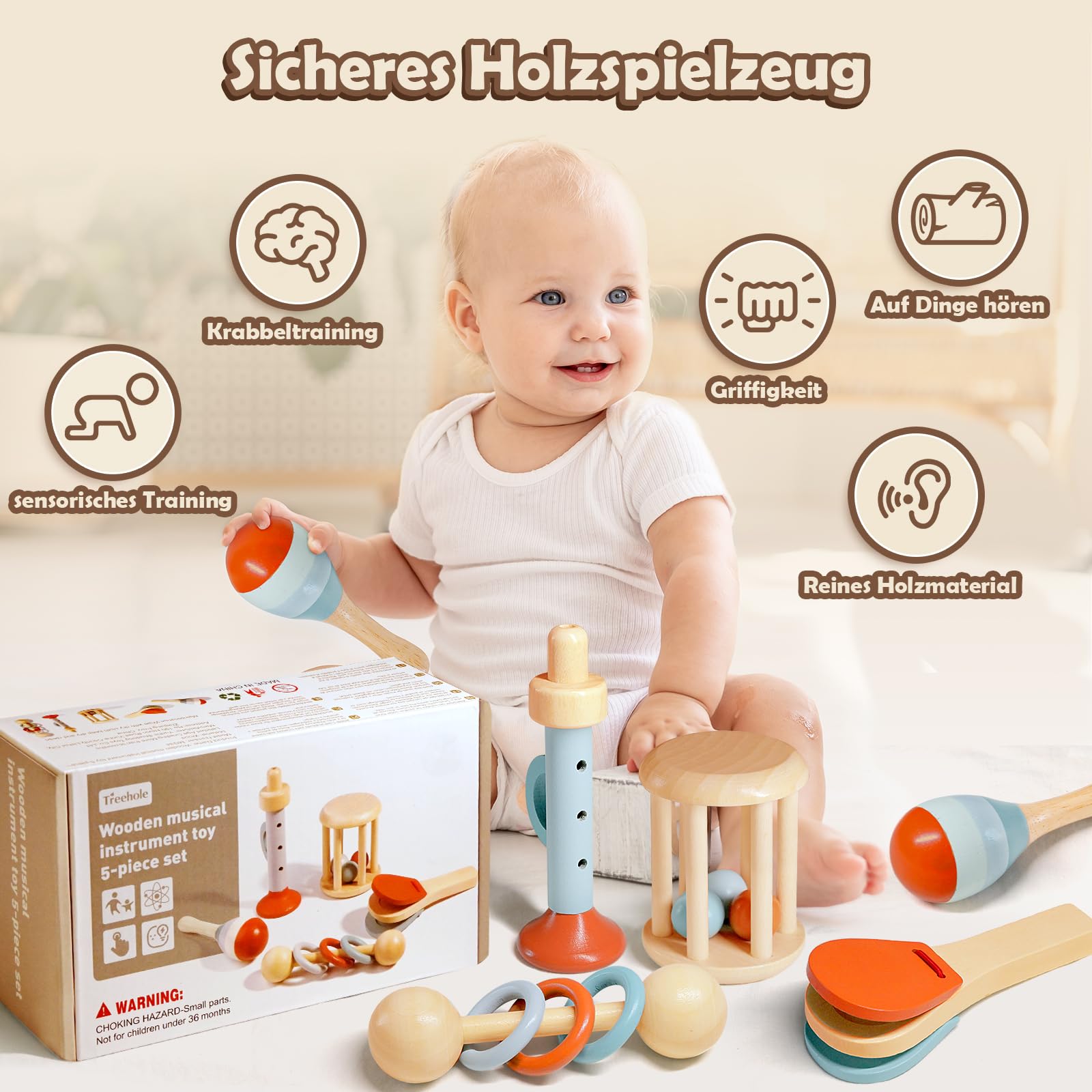 Montessori Musikinstrumente Holz-Set (5-tlg.) – Sensorik