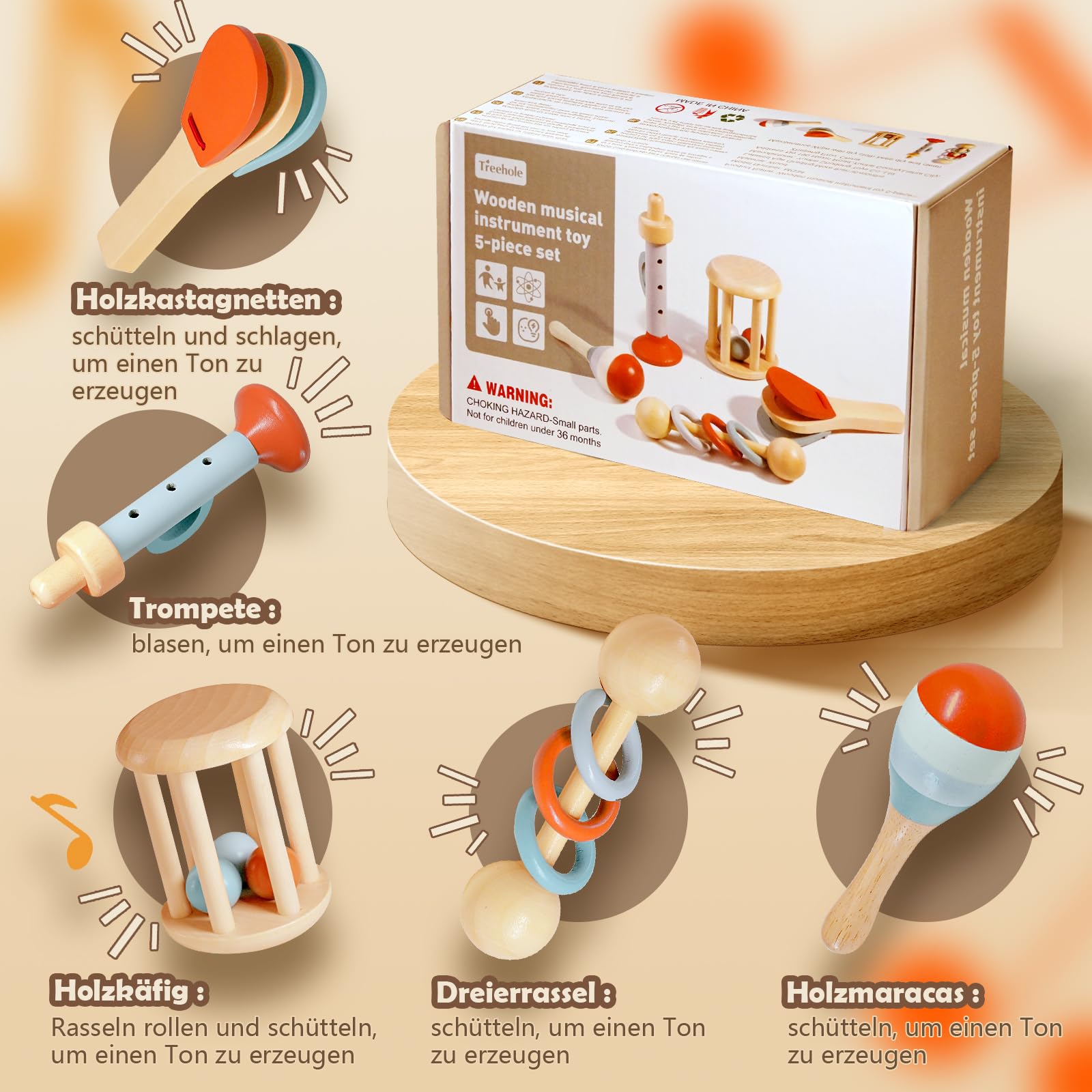 Montessori Musikinstrumente Holz-Set (5-tlg.) – Sensorik