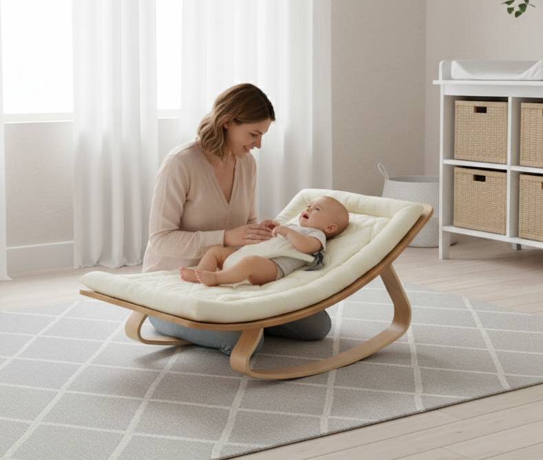 2-in-1 Babyliege aus Buchenholz – Babywippe & Kinder-Schaukelstuhl