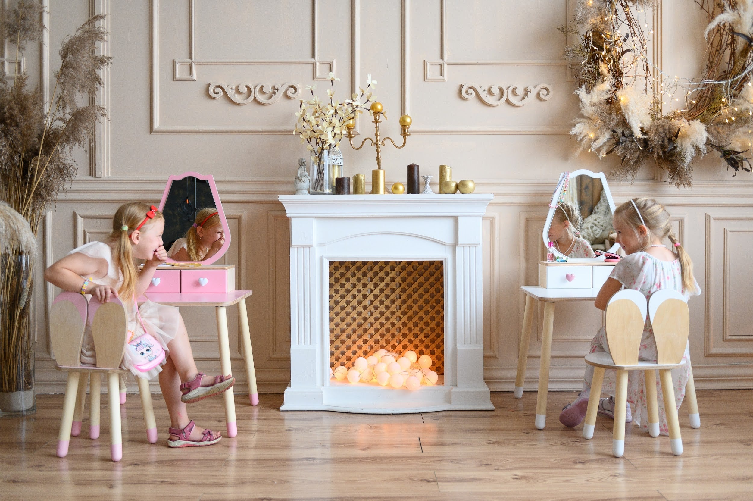 Kinder Schminktisch mit Spiegel & Stuhl – Holz Spieltisch Set