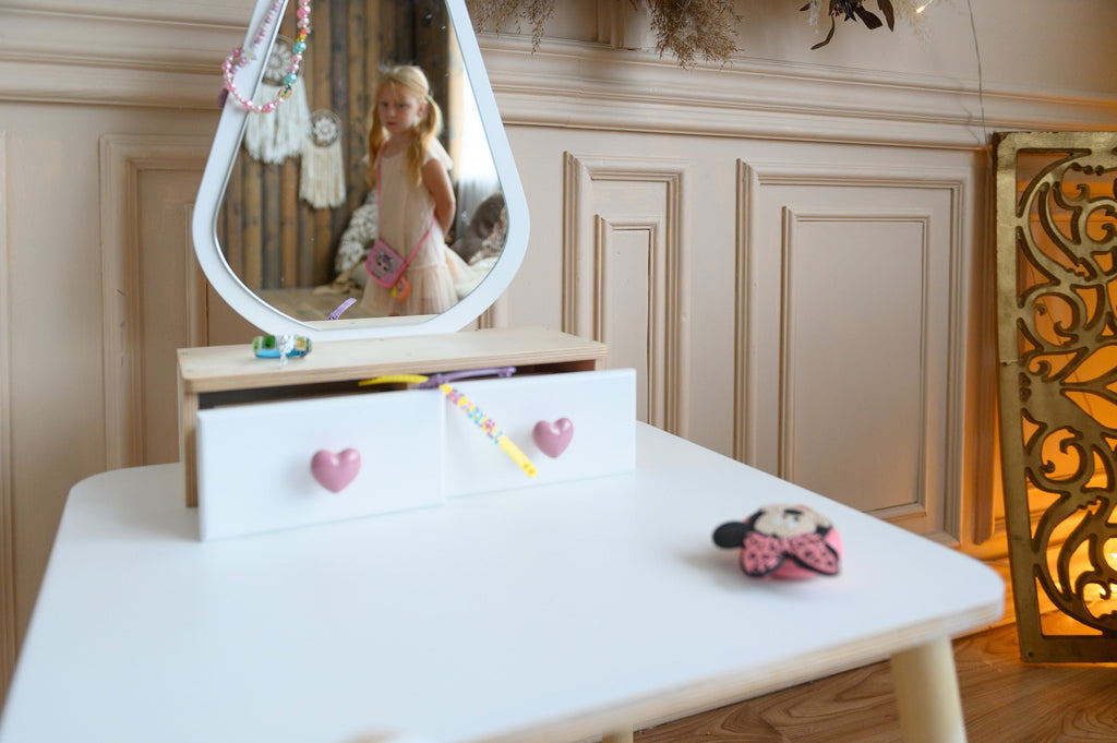 Kinder Schminktisch mit Spiegel & Stuhl – Holz Spieltisch Set