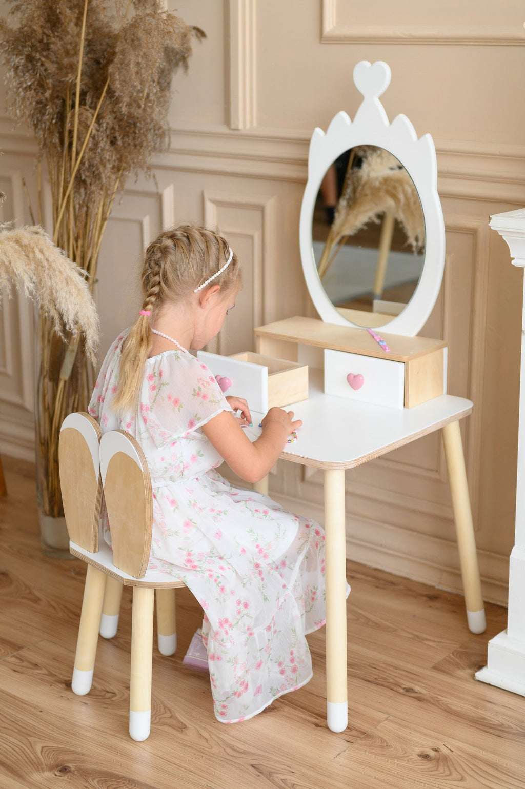 Kinder Schminktisch mit Spiegel & Stuhl – Holz Spieltisch Set