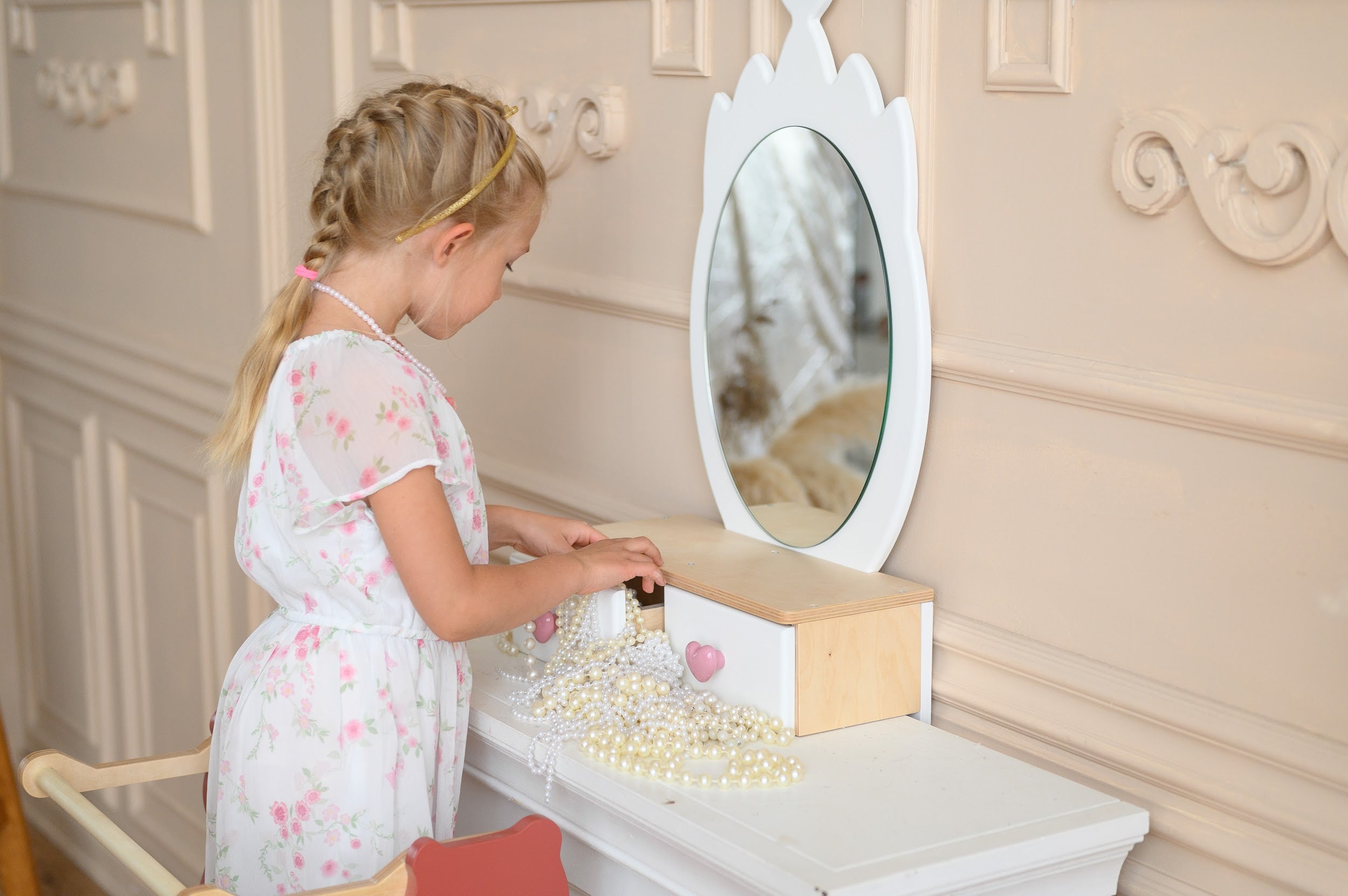 Kinder Schminktisch mit Spiegel & Stuhl – Holz Spieltisch Set