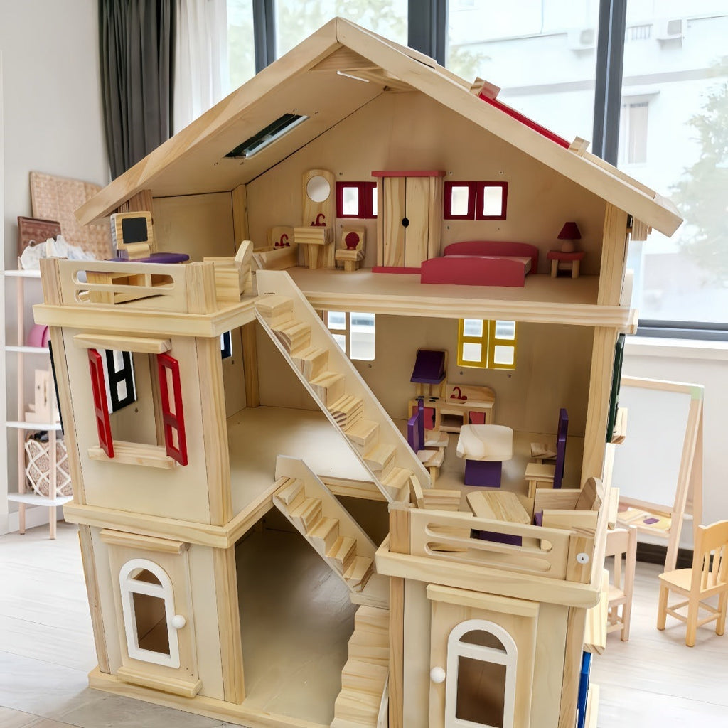 Großes Holz Puppenhaus 3 Etagen mit Möbeln