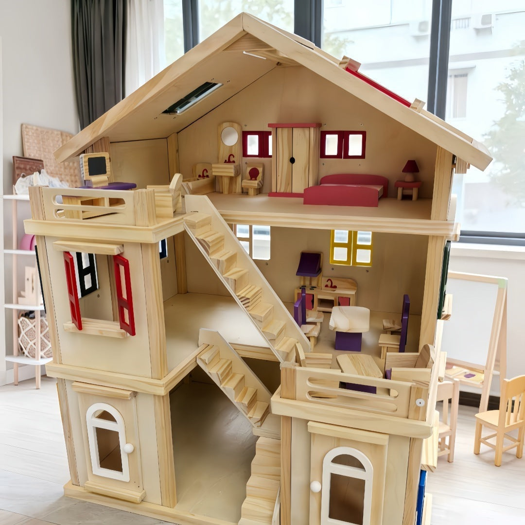 Großes Holz Puppenhaus 3 Etagen mit Möbeln