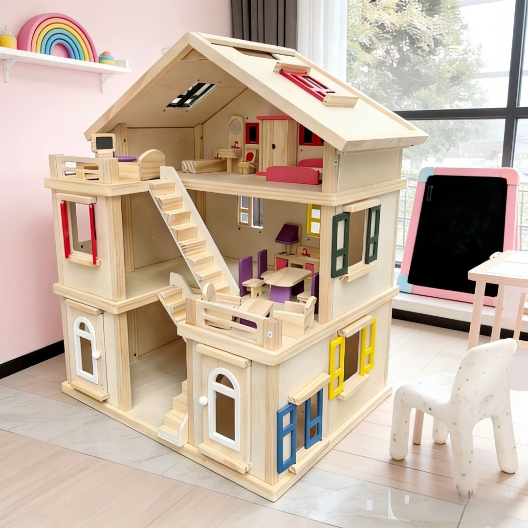Großes Holz Puppenhaus 3 Etagen mit Möbeln