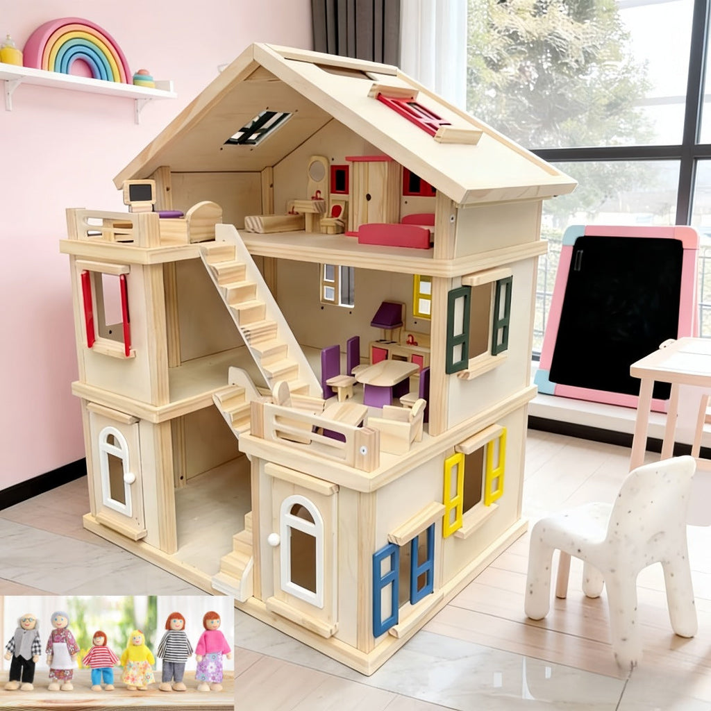 Großes Holz Puppenhaus 3 Etagen mit Möbeln
