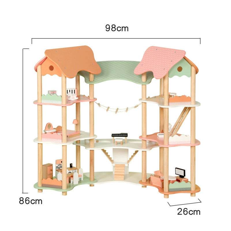 Großes Puppenhaus Holz – Spielwelt mit Brücke & 3 Etagen