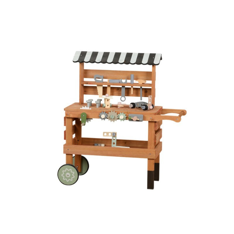 Große Kinder Werkbank aus Holz – Garten Werkzeugtisch mit Rädern & Zubehör (75 cm)