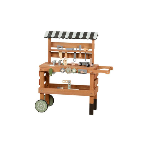 Große Kinder Werkbank aus Holz – Garten Werkzeugtisch mit Rädern & Zubehör (75 cm)