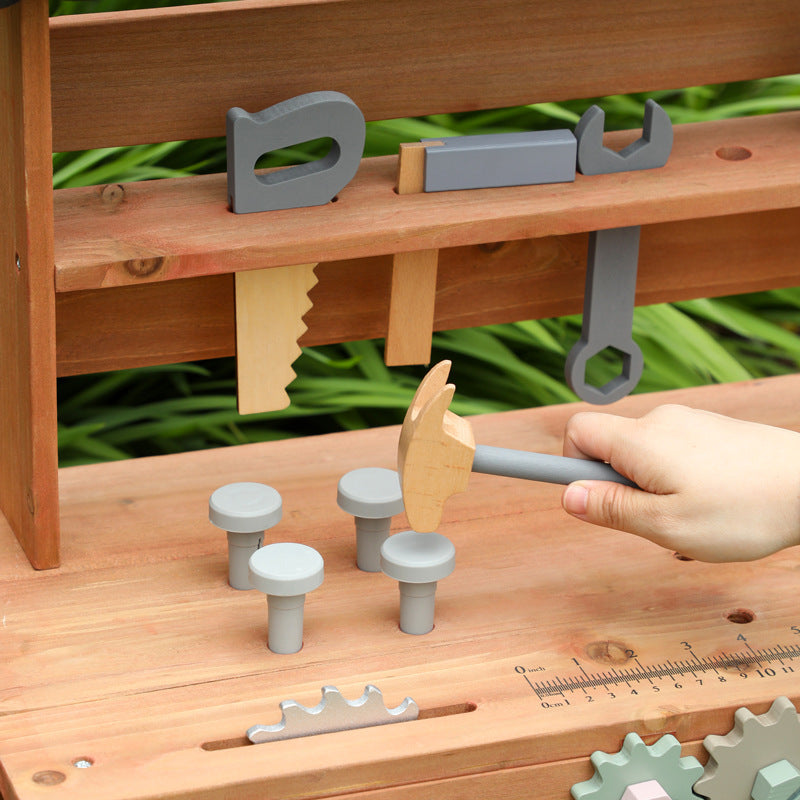 Große Kinder Werkbank aus Holz – Garten Werkzeugtisch mit Rädern & Zubehör (75 cm)