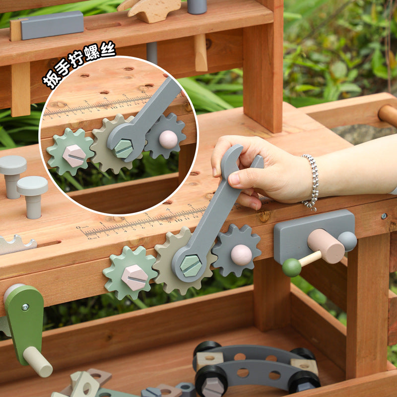 Große Kinder Werkbank aus Holz – Garten Werkzeugtisch mit Rädern & Zubehör (75 cm)