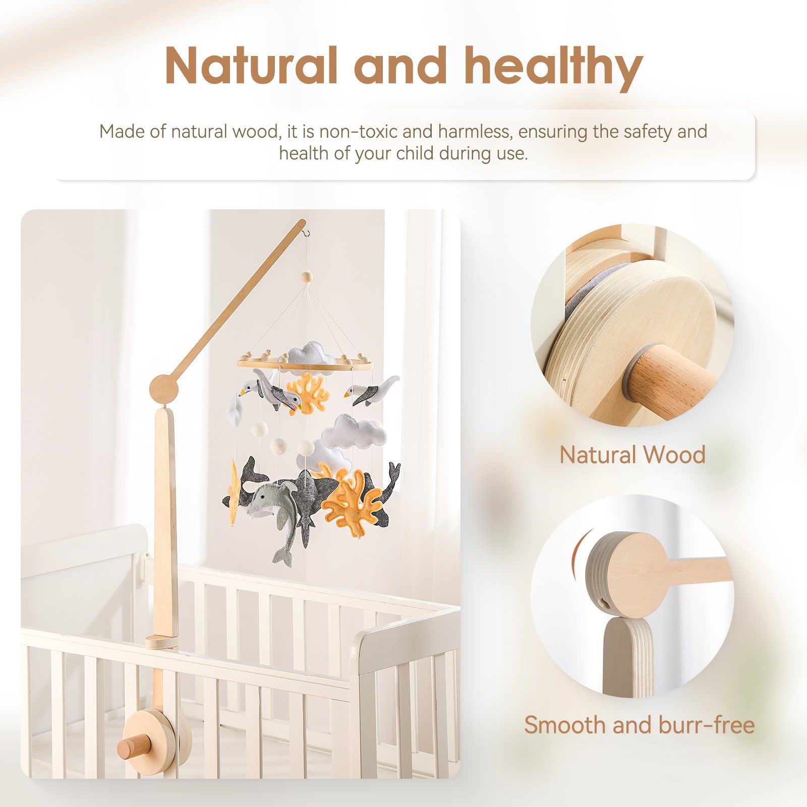 Buchenholz Mobile-Halter fürs Babybett – 2-stufig & 360° drehbar
