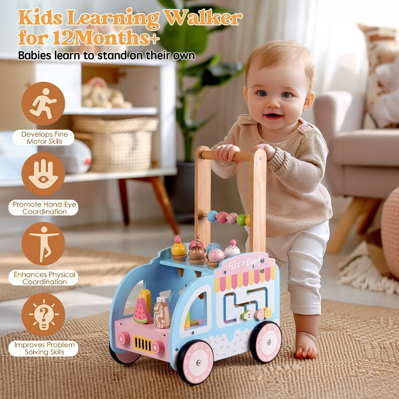 Montessori Schiebewagen aus Holz – 2-in-1 Spielzeug mit Spielelementen