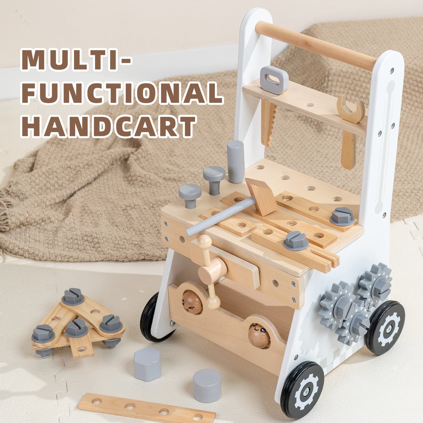 Montessori Schiebewagen aus Holz – 2-in-1 Spielzeug mit Spielelementen