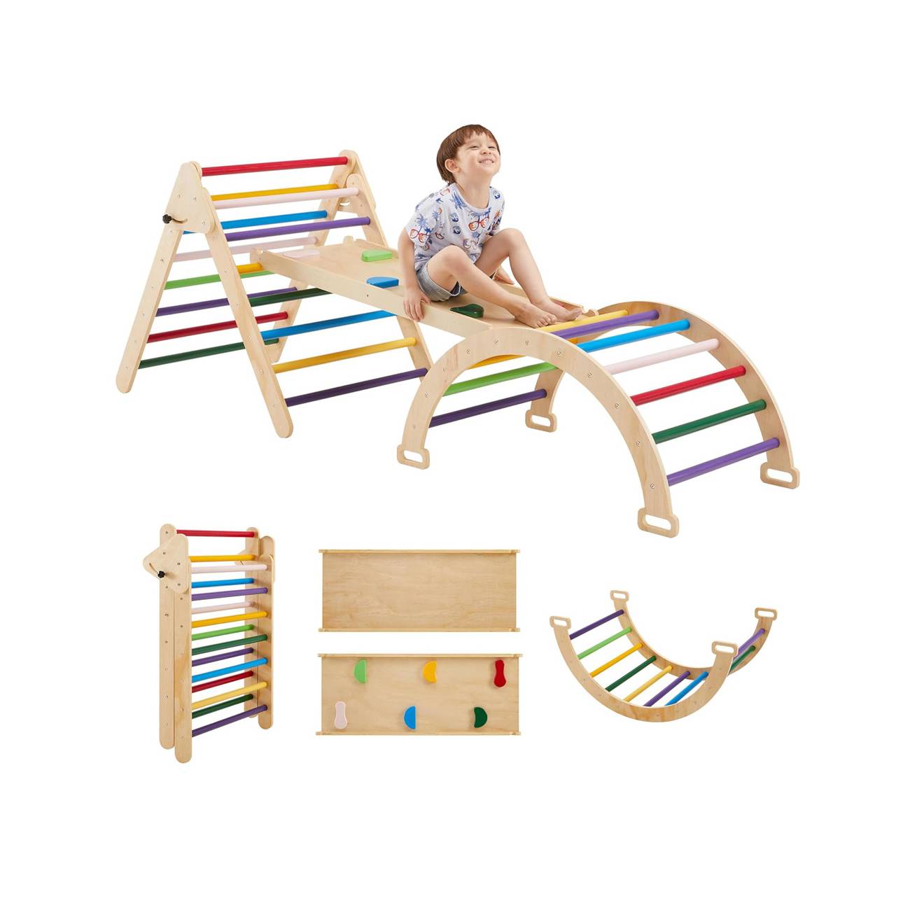 Montessori Kletterdreieck Holz 3-in-1  – Dreieck, Bogen & Rutsche