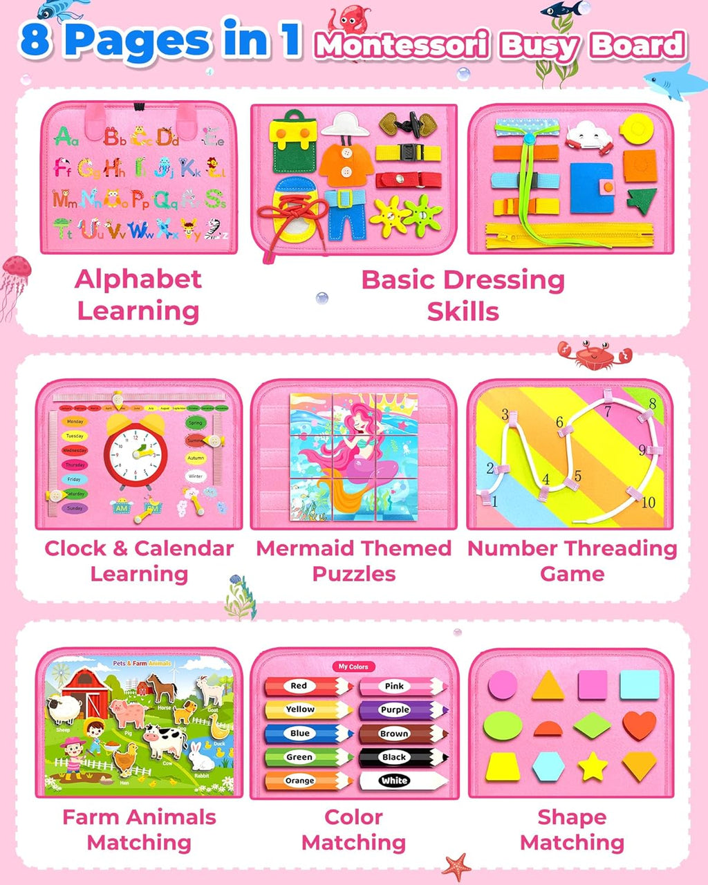 Montessori Busy Board/Quiet Book 8-seitig – Rosa Meerjungfrau