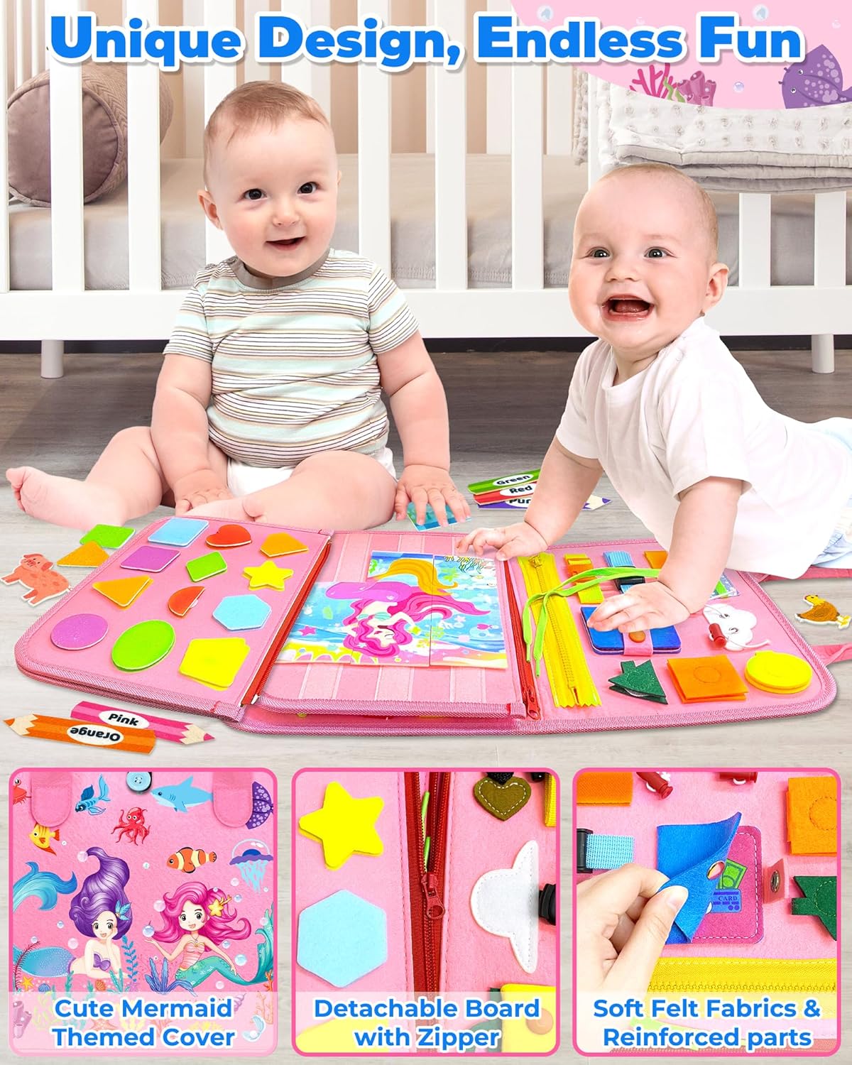 Montessori Busy Board/Quiet Book 8-seitig – Rosa Meerjungfrau