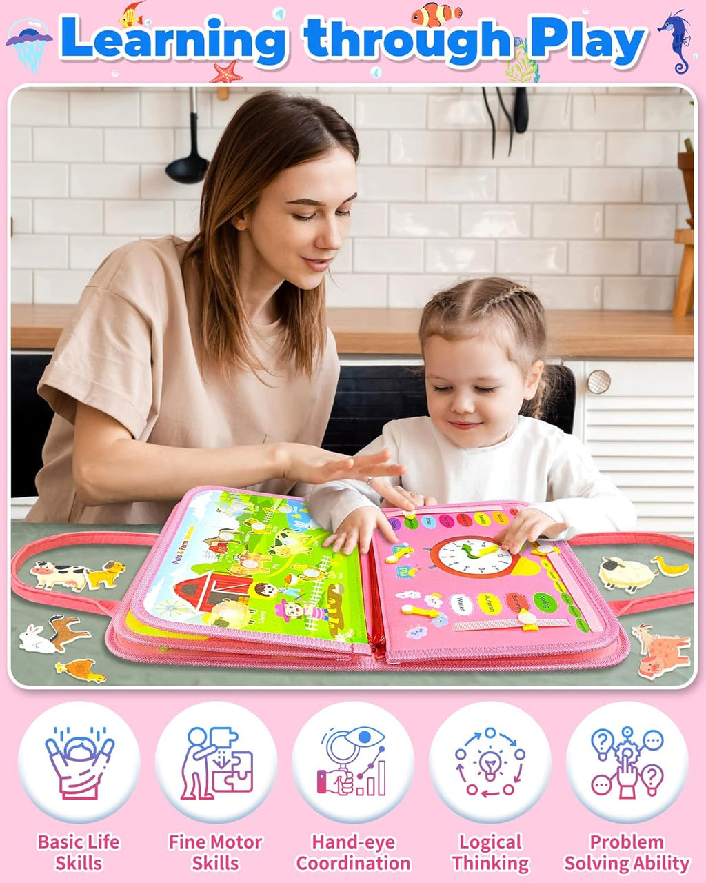 Montessori Busy Board/Quiet Book 8-seitig – Rosa Meerjungfrau