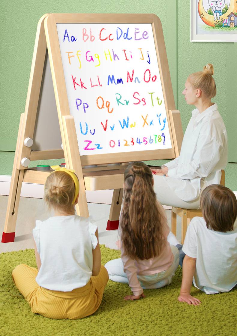 Montessori Kinderstaffelei aus Holz – Höhenverstellbare Maltafel mit Whiteboard & Kreidetafel