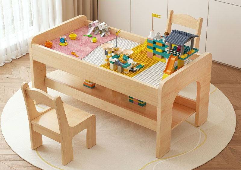 Montessori Kindertisch aus Holz – Spieltisch mit Stauraum & Stühlen