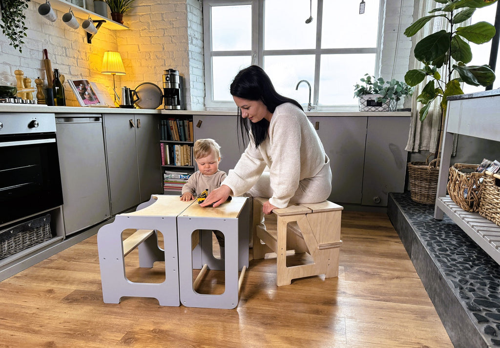 Montessori Klapp-Tritthocker aus Holz – 2-in-1 Kinderstuhl & Tritt