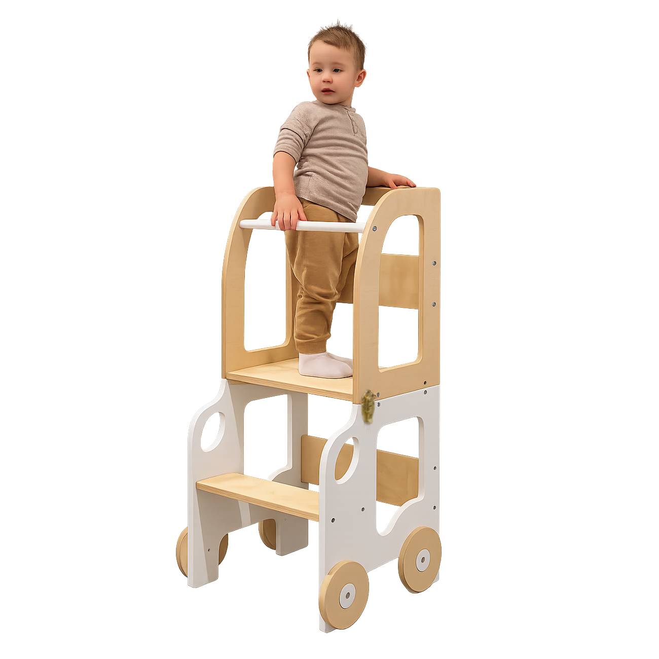 Montessori Lernturm 3-in-1 – Küchenhelfer, Tisch & Stuhl-Auto-Design