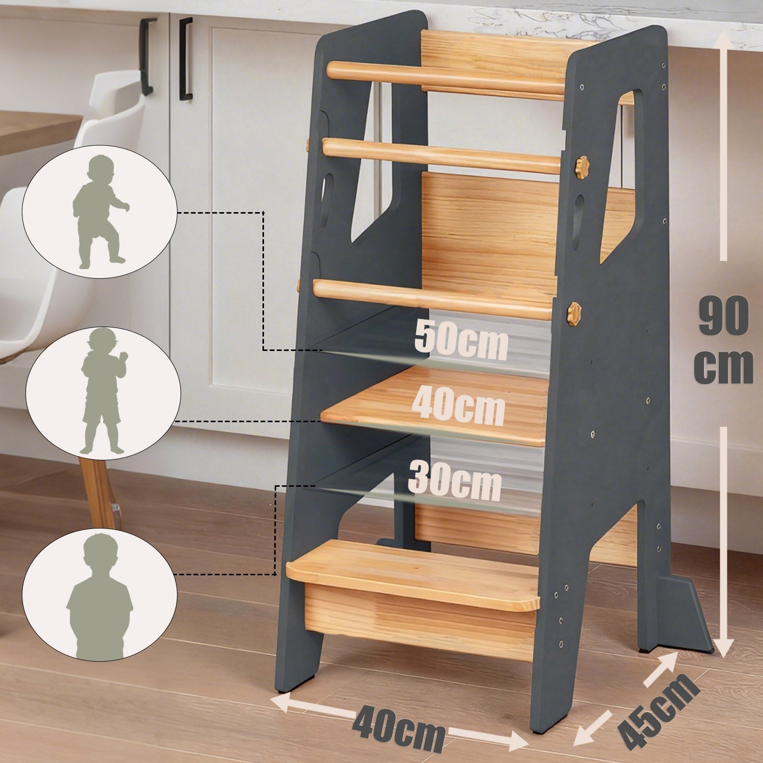Lernturm Höhenverstellbar Klassik  Massivholz Grau