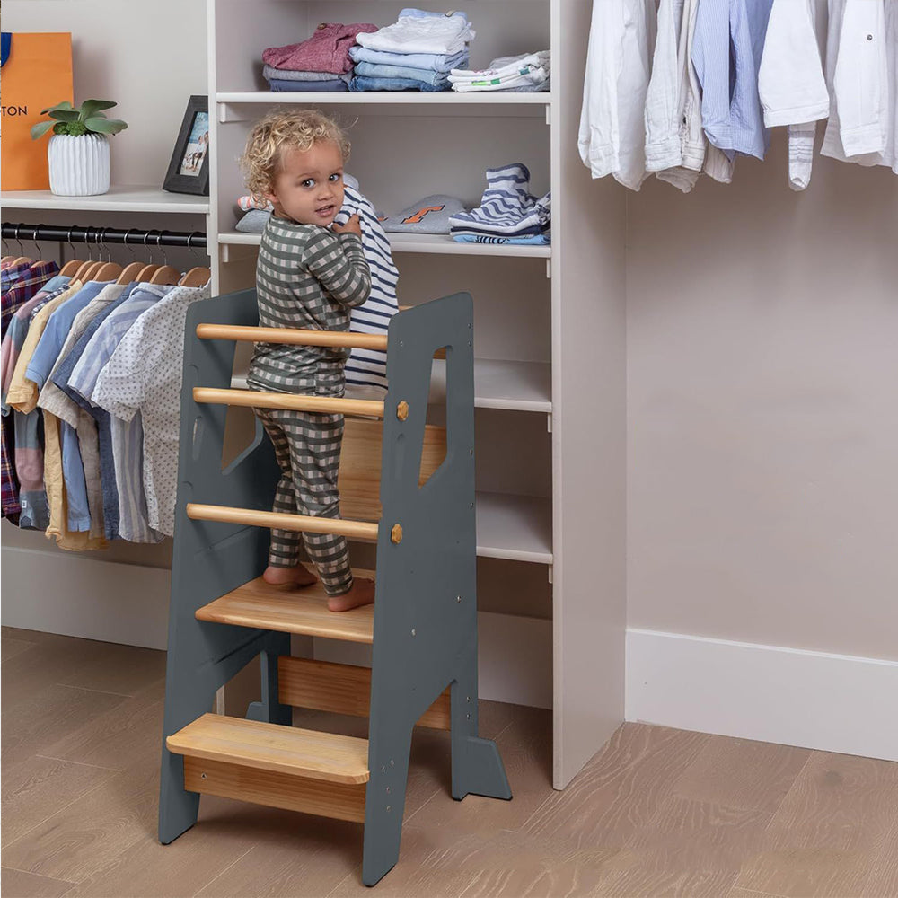 Montessori Lernturm Massivholz Klassik – Grau