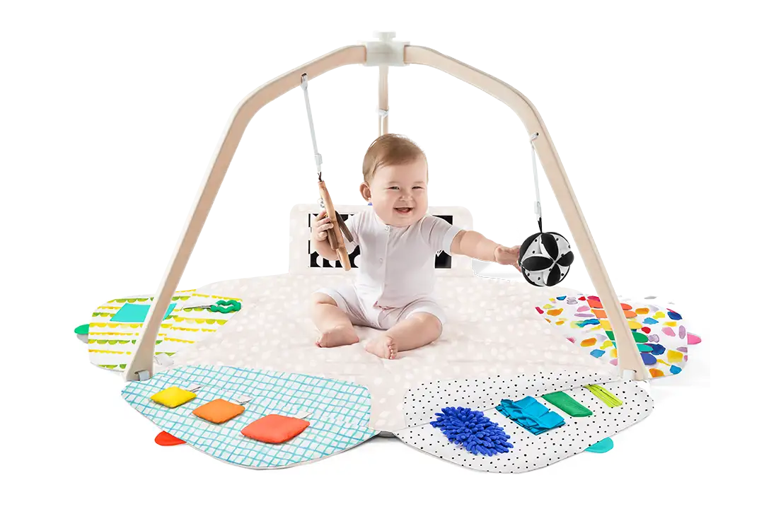 Montessori Spielbogen Holz – 5 Zonen & 6 Sensorik-Spielzeuge