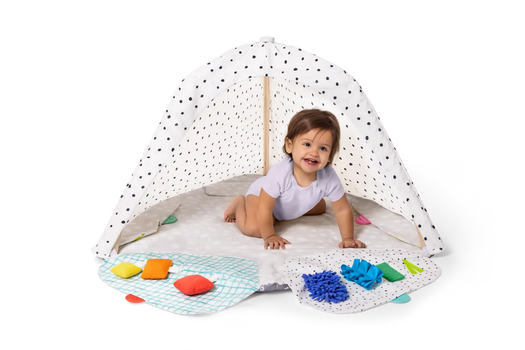 Montessori Spielbogen Holz – 5 Zonen & 6 Sensorik-Spielzeuge
