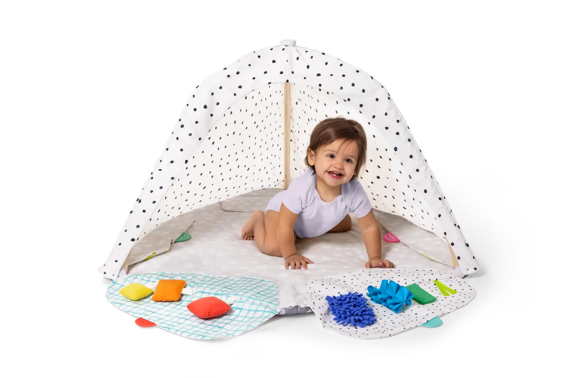 Montessori Spielbogen Holz – 5 Zonen & 6 Sensorik-Spielzeuge
