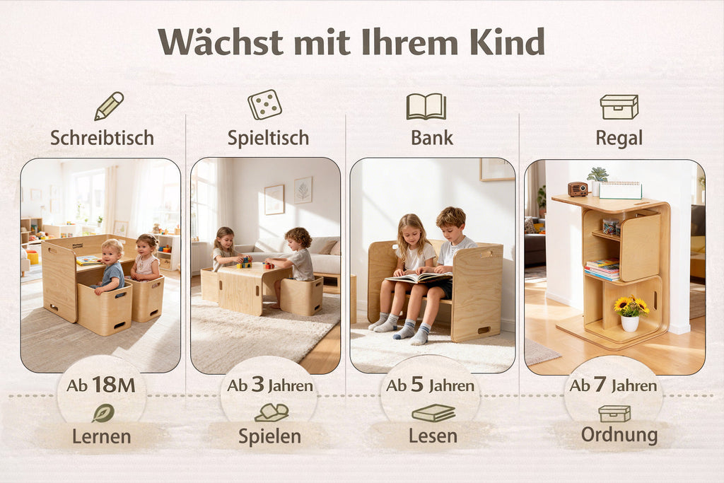 Montessori Tisch- & Stuhlset aus Holz – für langfristige Nutzung wandelbar