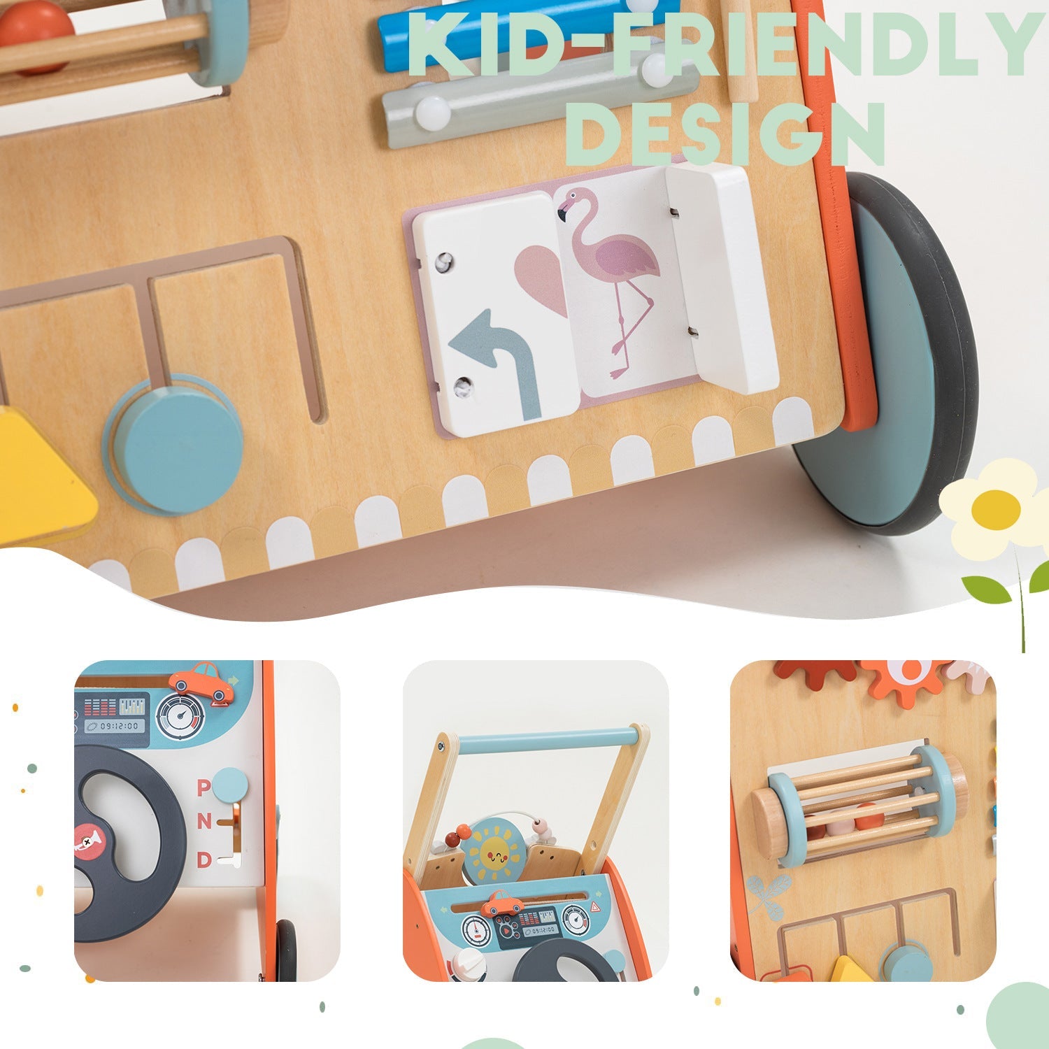 Montessori Schiebewagen aus Holz – 8-in-1 Spielzeug mit Spielelementen