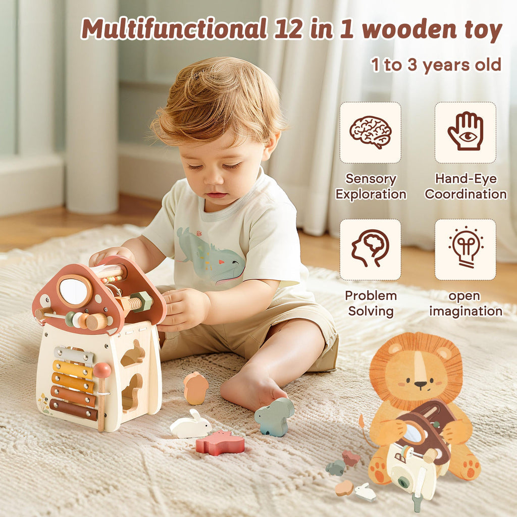 Montessori Busy Box Holz – Musik & Sensorik-Spielkiste