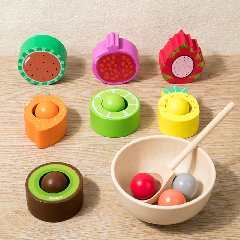 Früchte-Sortierspiel aus Holz – Becher, Kugeln & Löffel