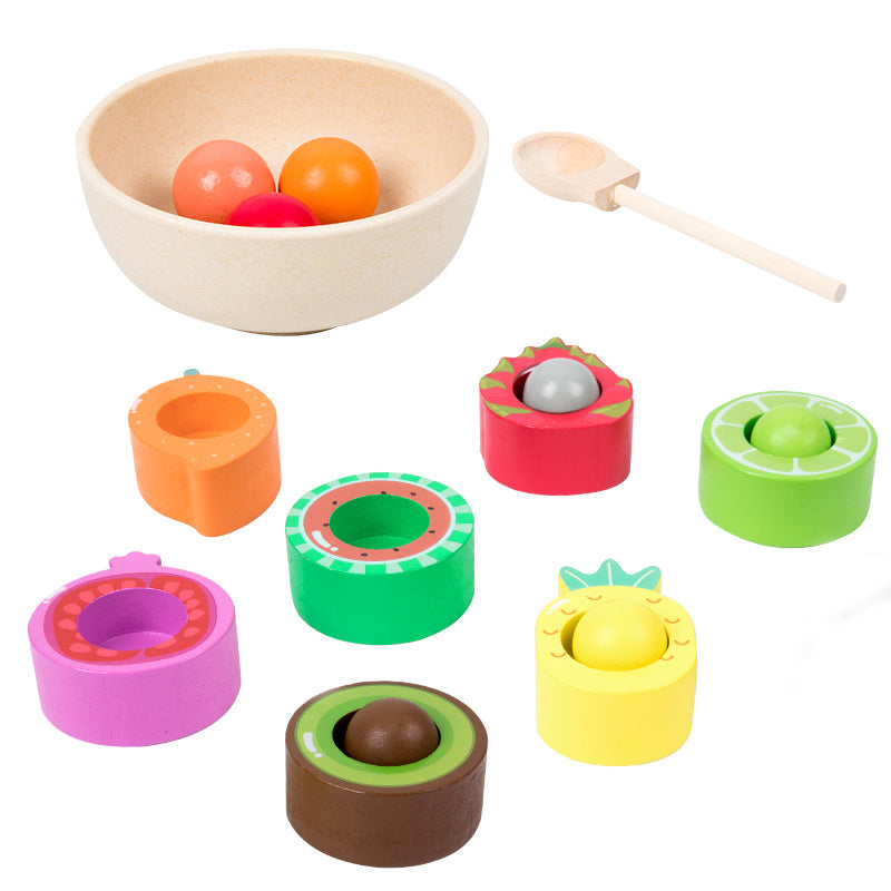 Früchte-Sortierspiel aus Holz – Becher, Kugeln & Löffel