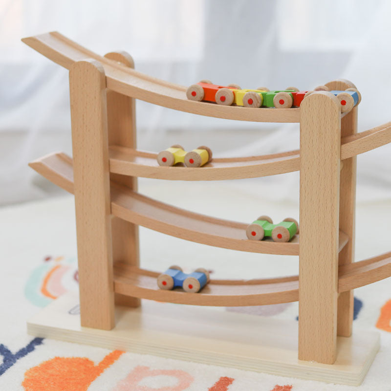 Montessori Rennbahn Buche – Kugelbahn mit 5 Autos