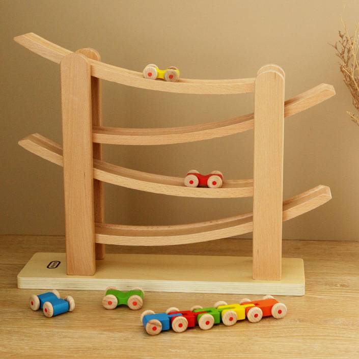 Montessori Rennbahn Buche – Kugelbahn mit 5 Autos