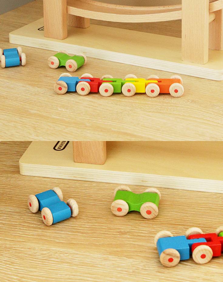 Montessori Rennbahn Buche – Kugelbahn mit 5 Autos