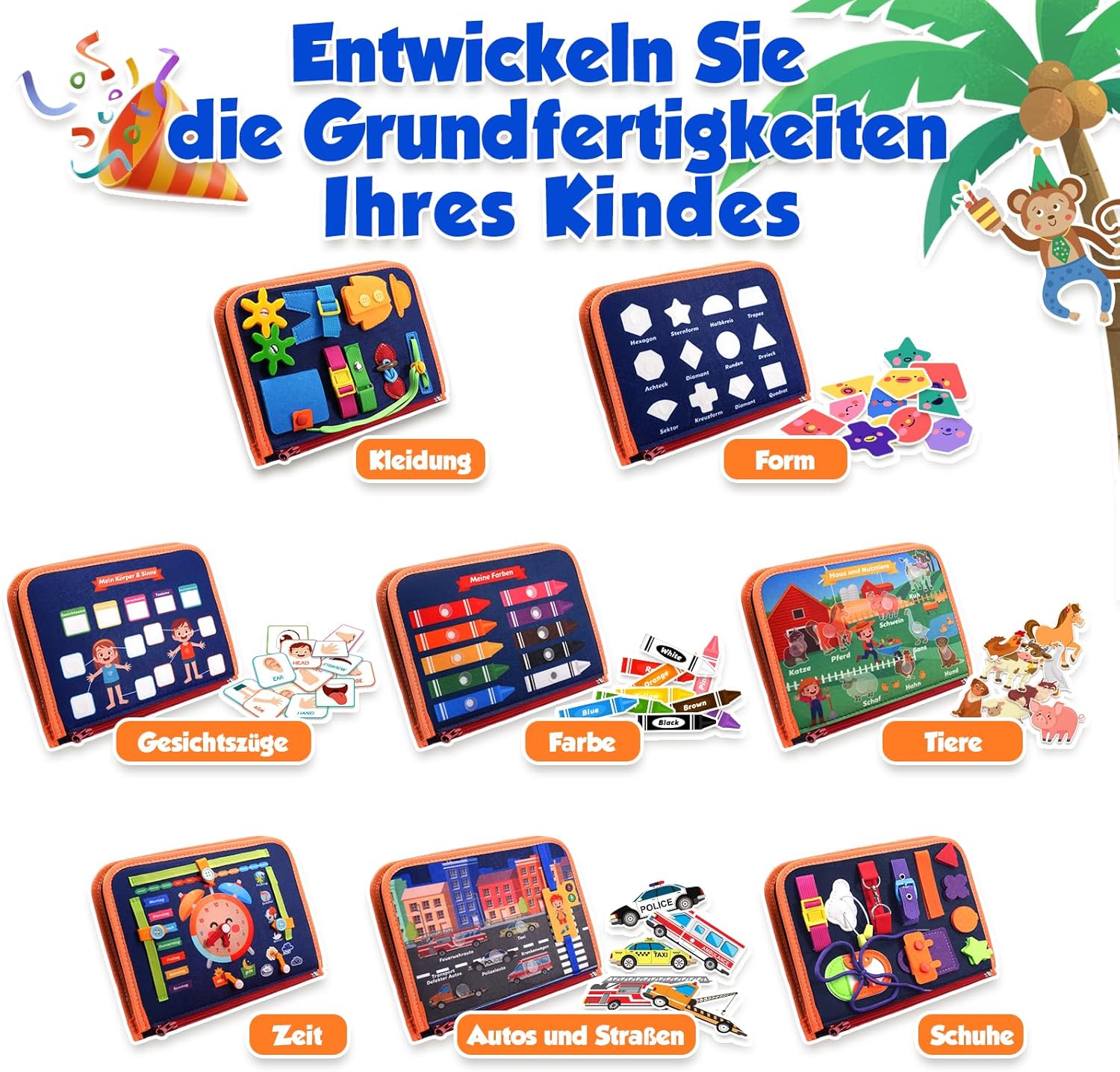 Montessori Busy Board/Quiet Book 8-seitig – Tierparty