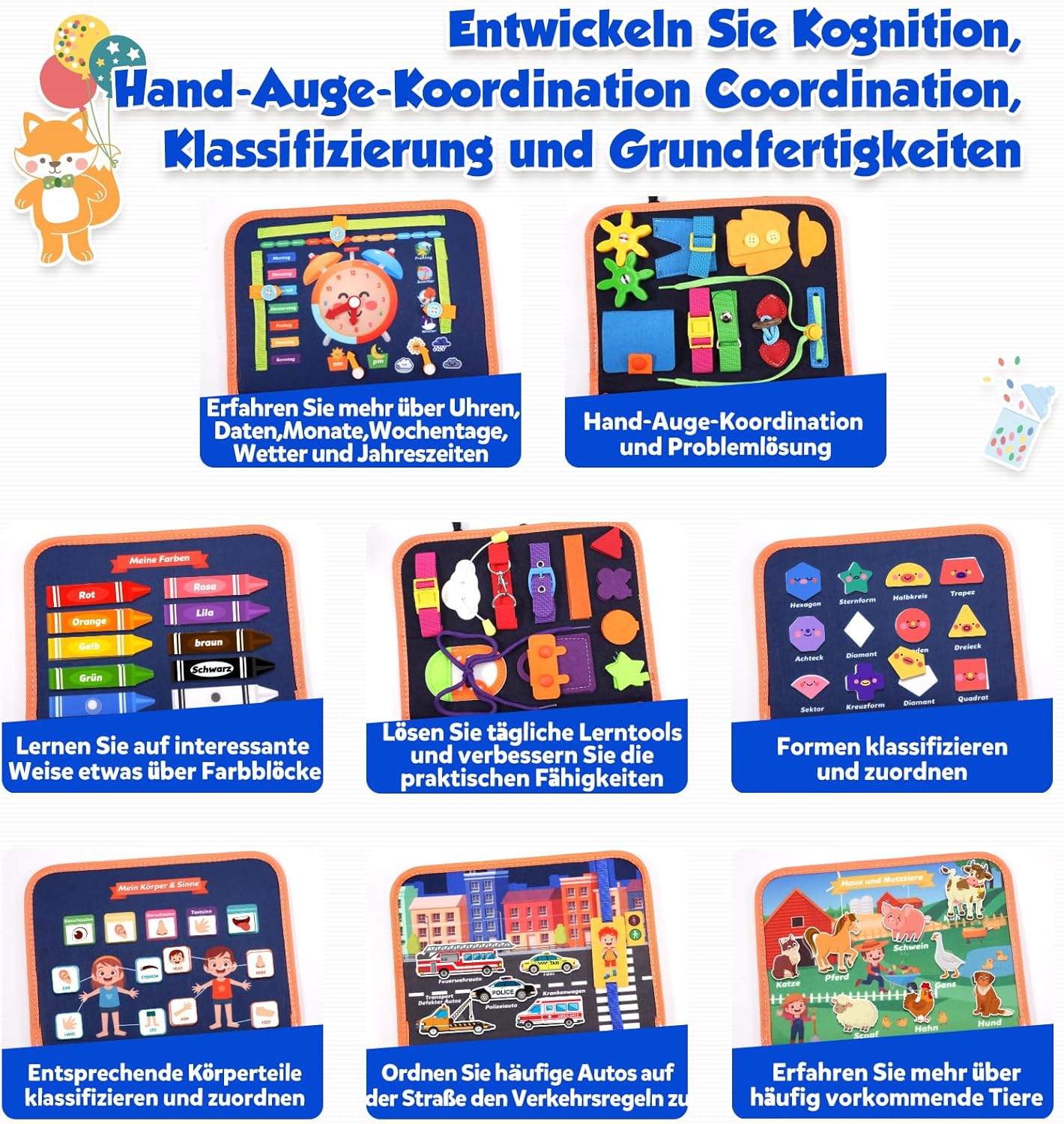 Montessori Busy Board/Quiet Book 8-seitig – Tierparty