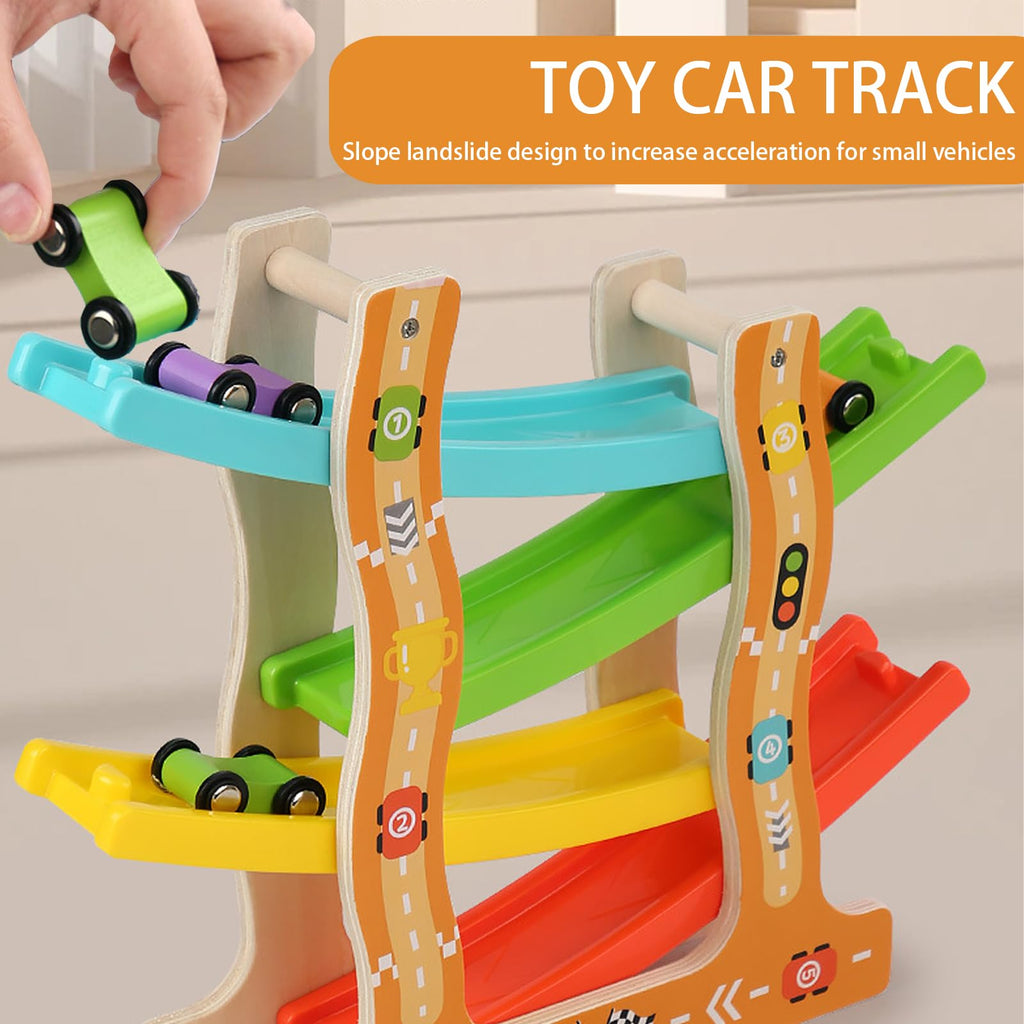 Montessori Autorennbahn Holz – Bunte Rutschbahn (6 Autos)