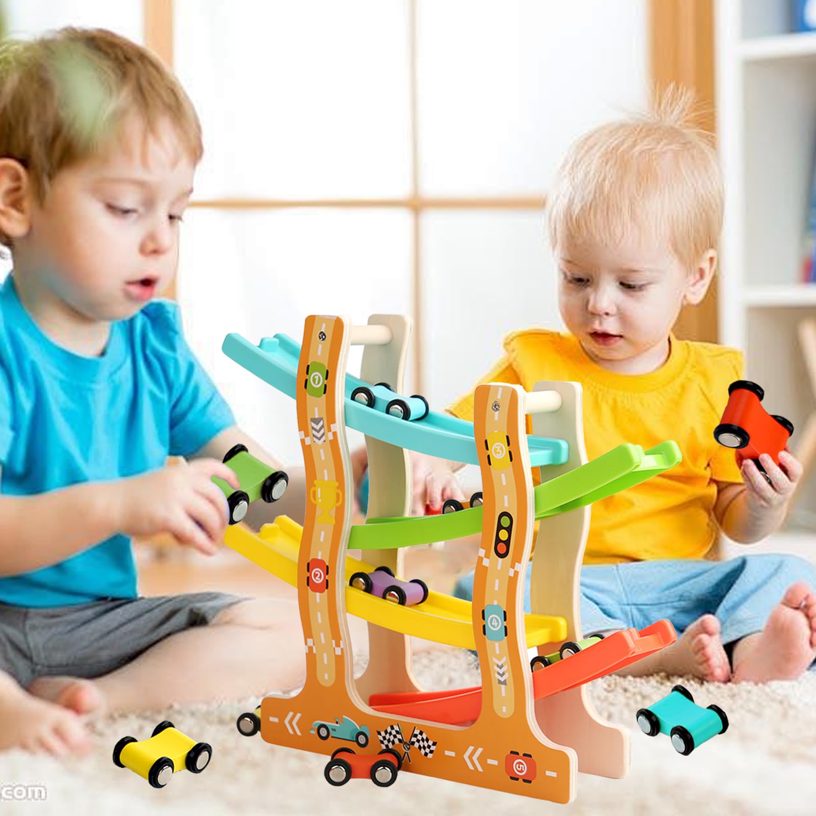 Montessori Autorennbahn Holz – Bunte Rutschbahn (6 Autos)