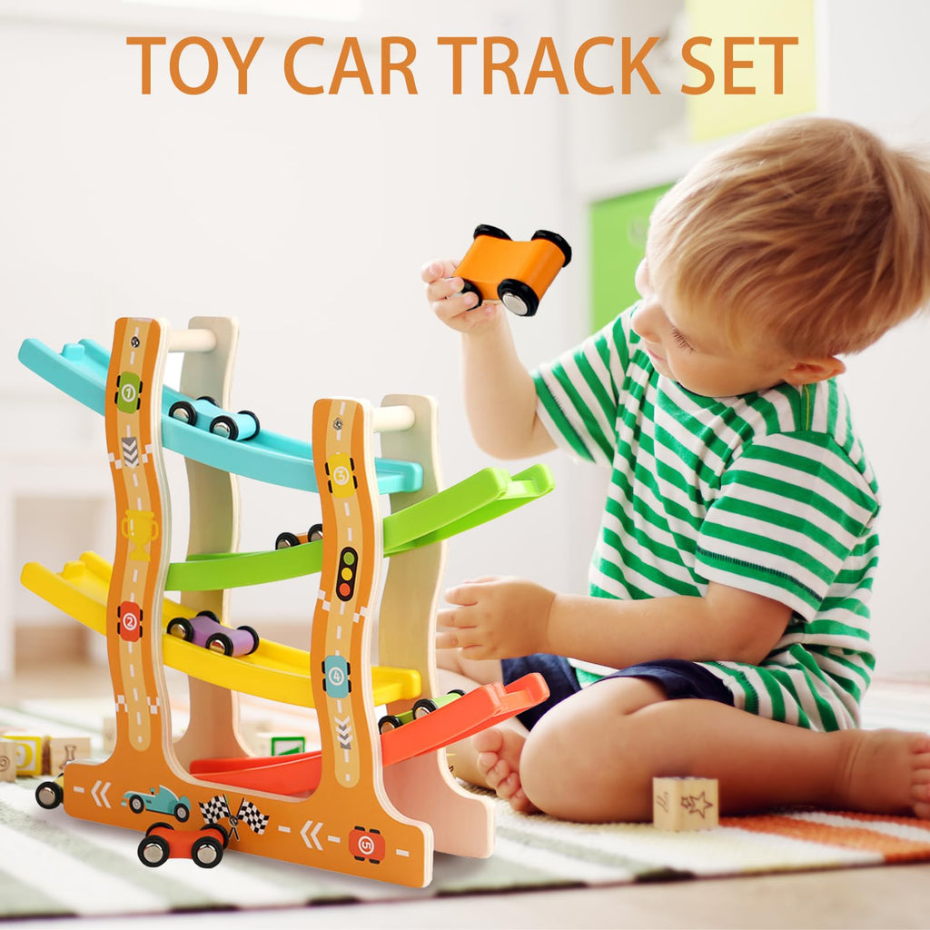 Montessori Autorennbahn Holz – Bunte Rutschbahn (6 Autos)