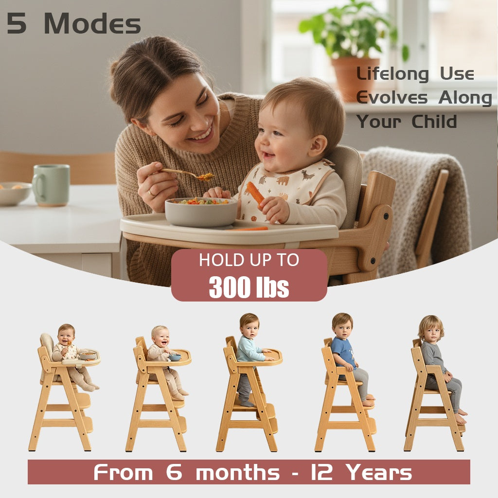 Montessori Hochstuhl Massivholz – Mitwachsend & 2-in-1 Lern- und Essstuhl